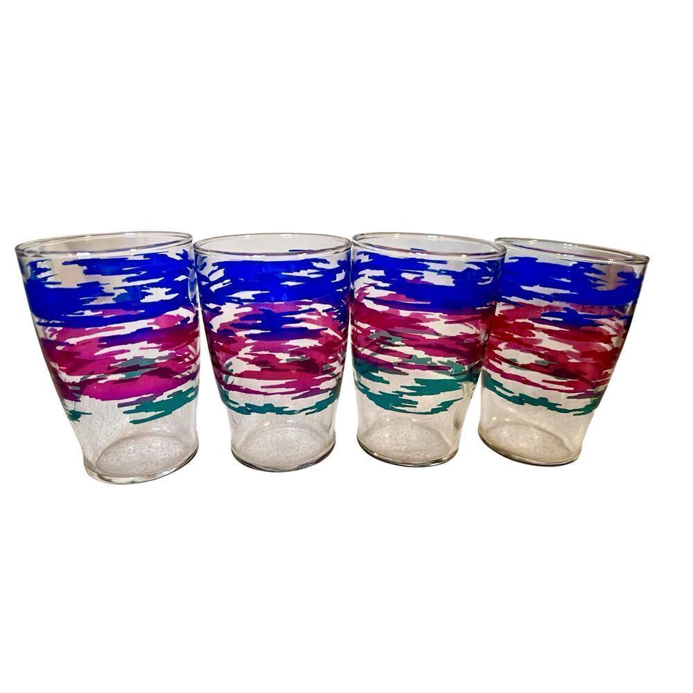 4 Vintage Small Glass Tumblers Set Blue, Magenta, Teal Green Splash Design